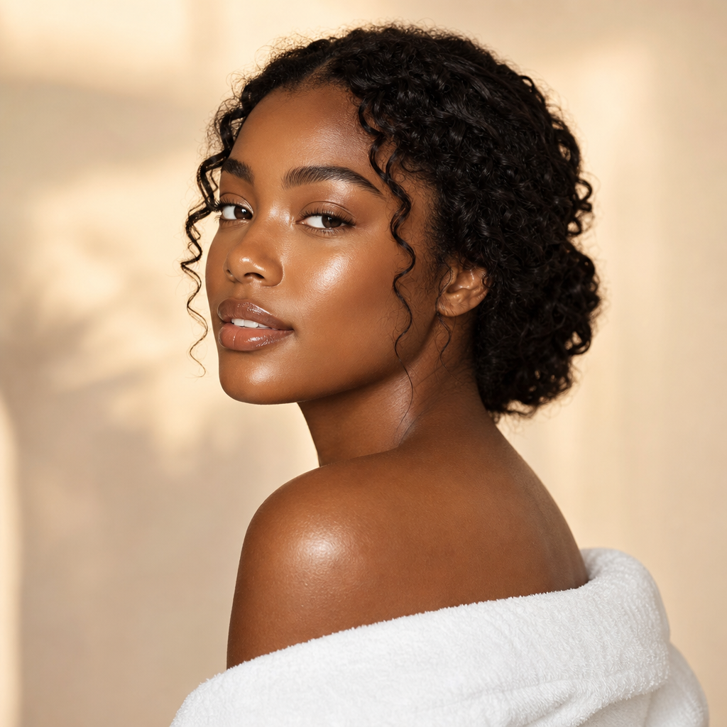 Woman with luminous, even-toned skin after using Magic Skin Repair organic serum and body butter ritual