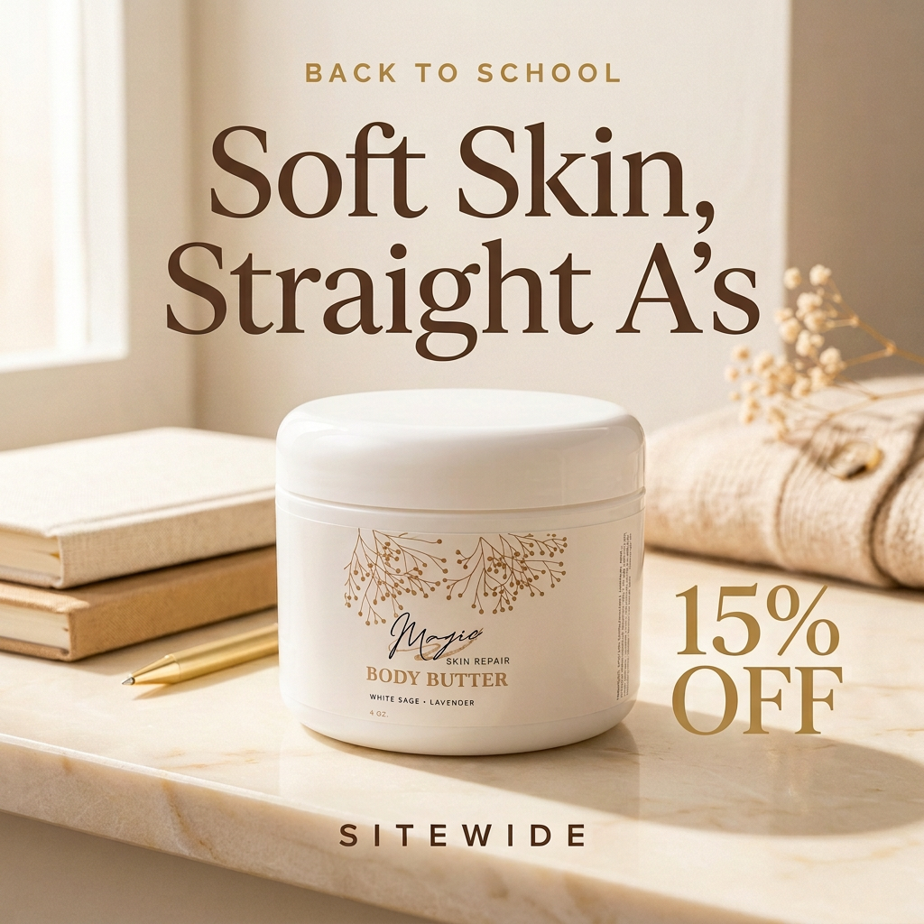 Magic Skin Repair Body Butter on a marble desk with books — Soft Skin, Straight A's, 15% off sitewide